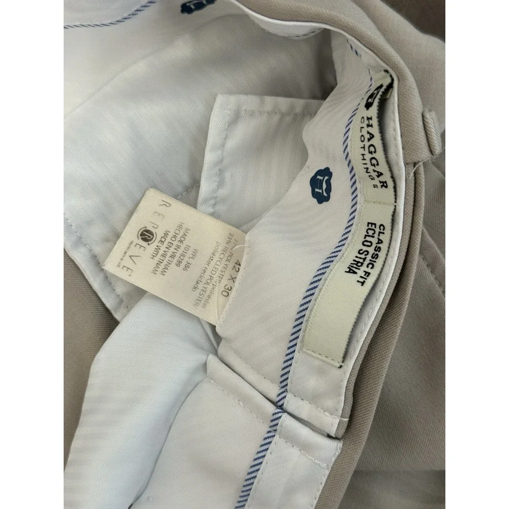 Haggar Repreve Tan Beige Pleated Pants Men's 42X30‎ Classic Fit Expandable Waist